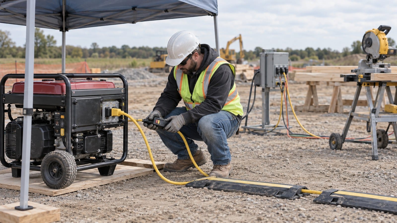 Portable generator supplying construction tools through a GFCI-protected cord set at an outdoor jobsite