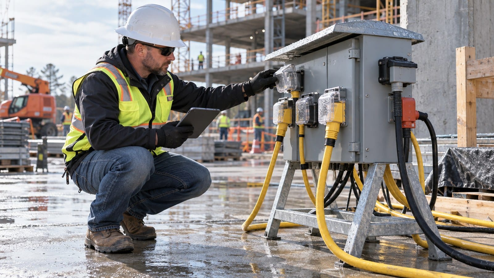 Site supervisor inspecting weather-protected temporary receptacles and extension cords before construction work begins