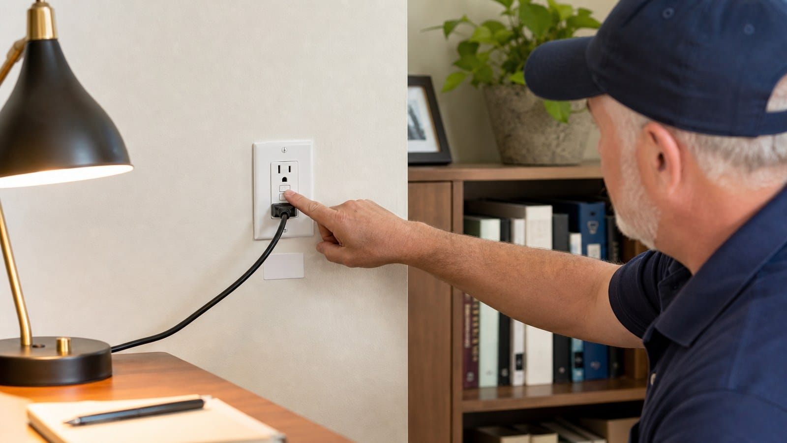 Homeowner using the built-in TEST button on a GFCI receptacle installed on an older two-wire circuit