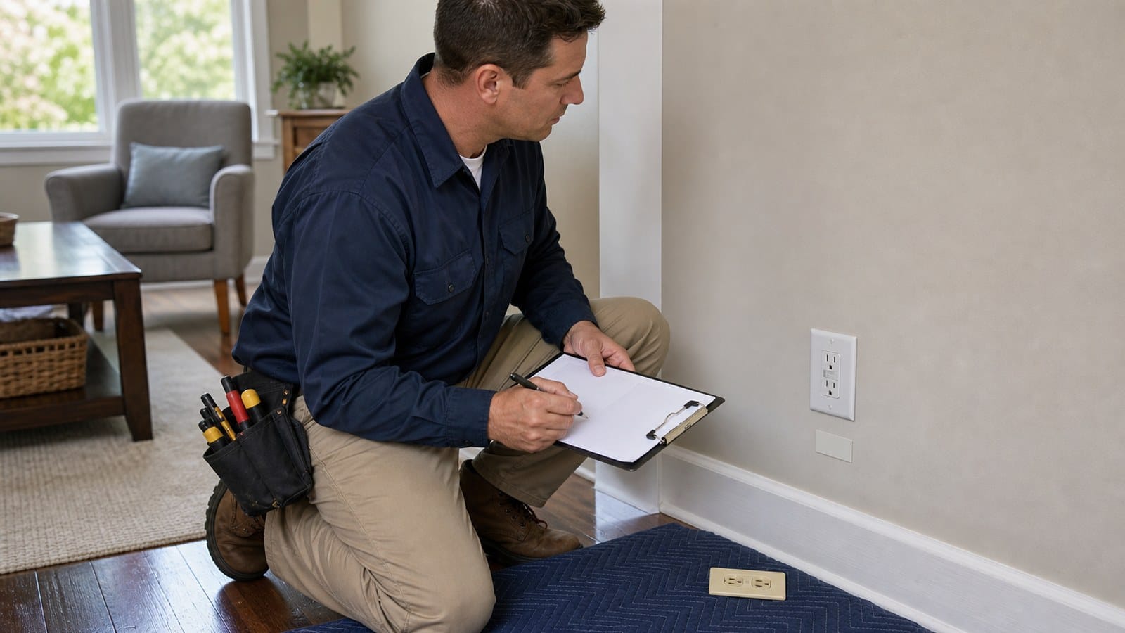 Electrician documenting GFCI labels and circuit information at an older ungrounded receptacle