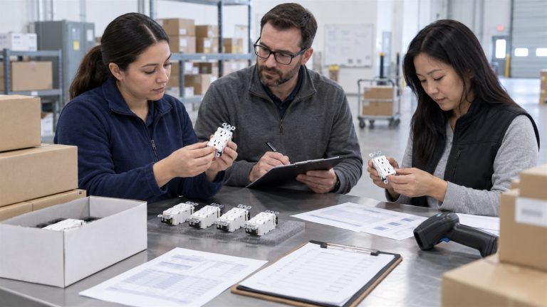 Quality team reviewing generic GFCI samples, cartons, batch records and a shipment checklist
