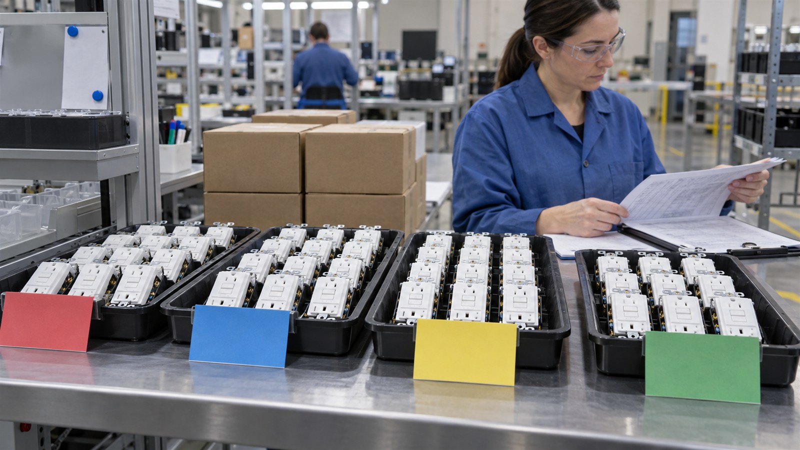 Generic production lots segregated in trays and cartons beside controlled QC paperwork