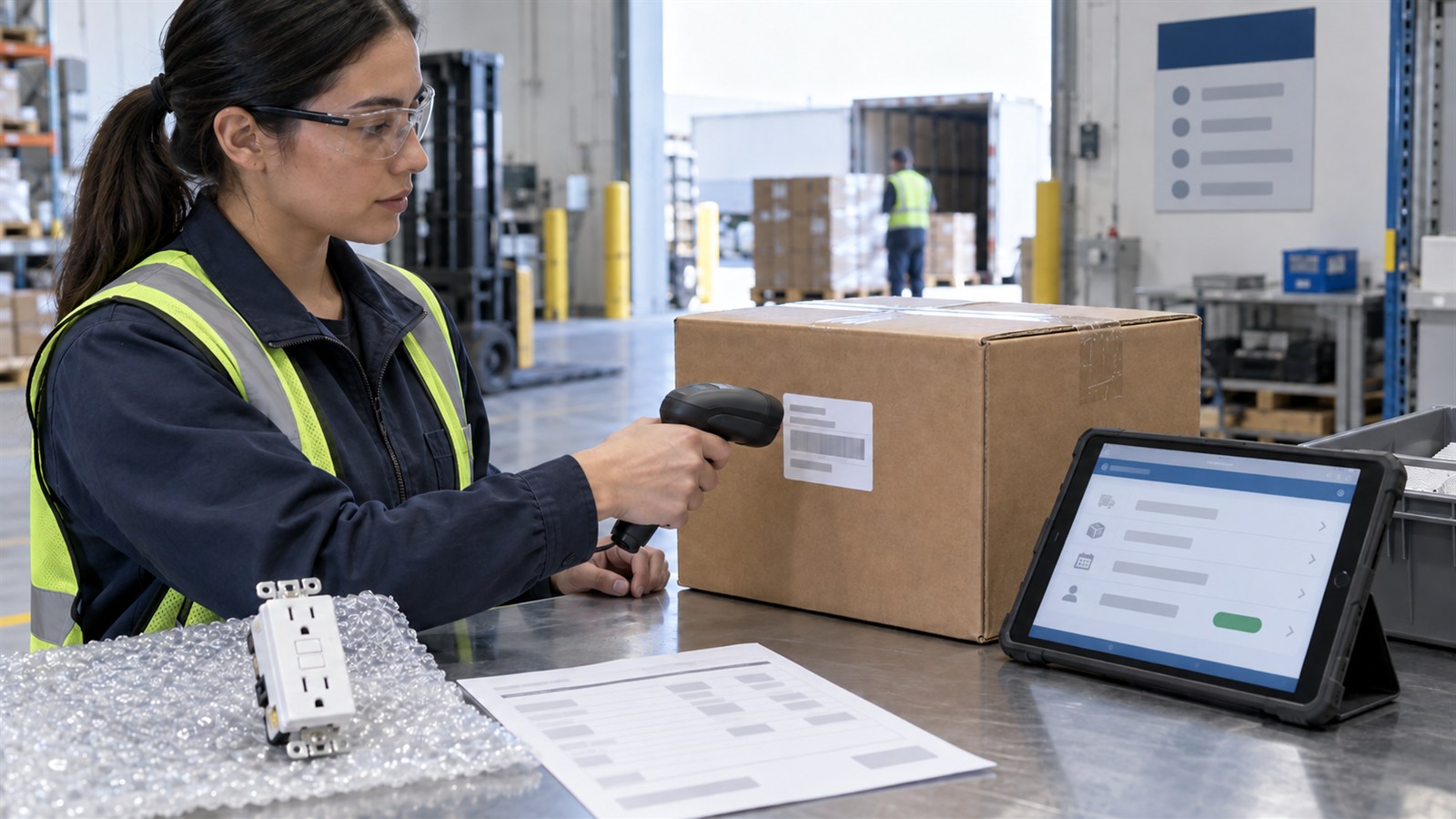 Importer receiving team scanning a generic carton barcode and linking the lot to records on a tablet