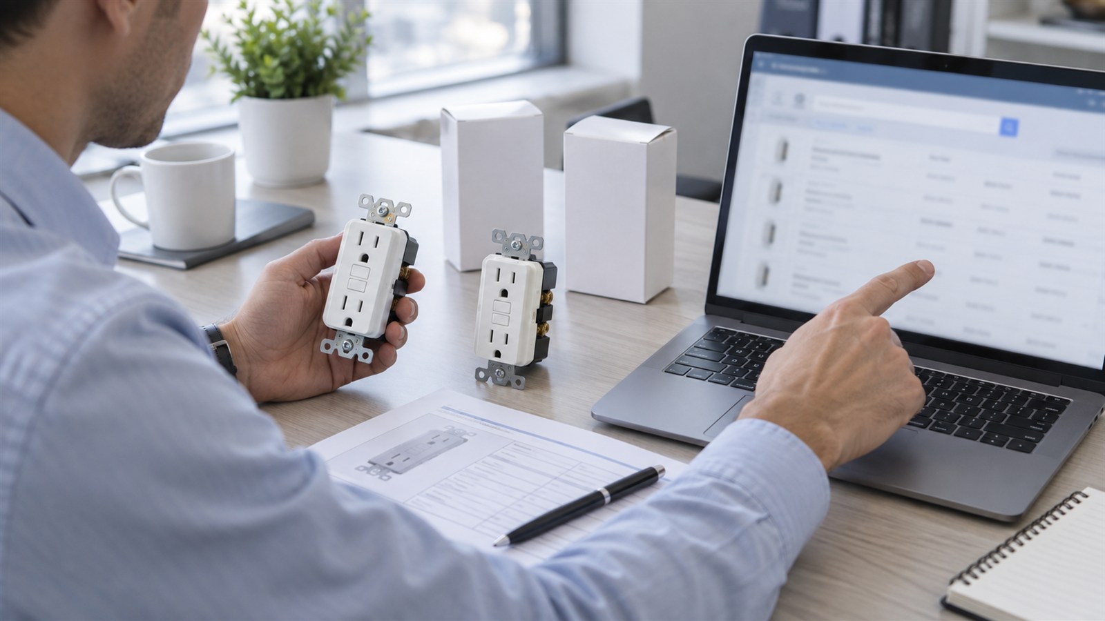 Buyer cross-checking GFCI samples, packaging and datasheet against a certification database