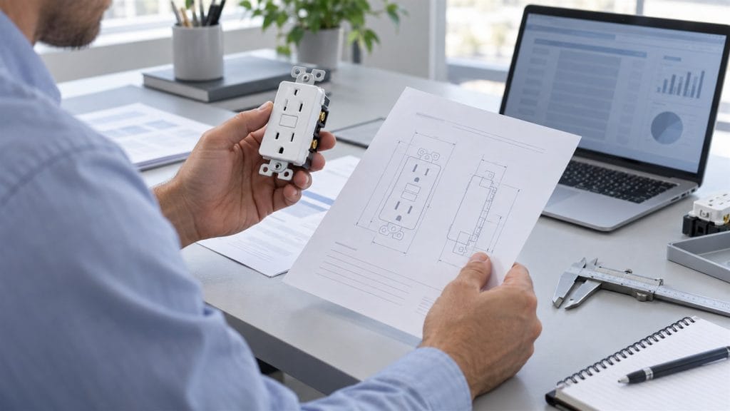Procurement engineer comparing a GFCI sample with a specification sheet and dimensional drawing