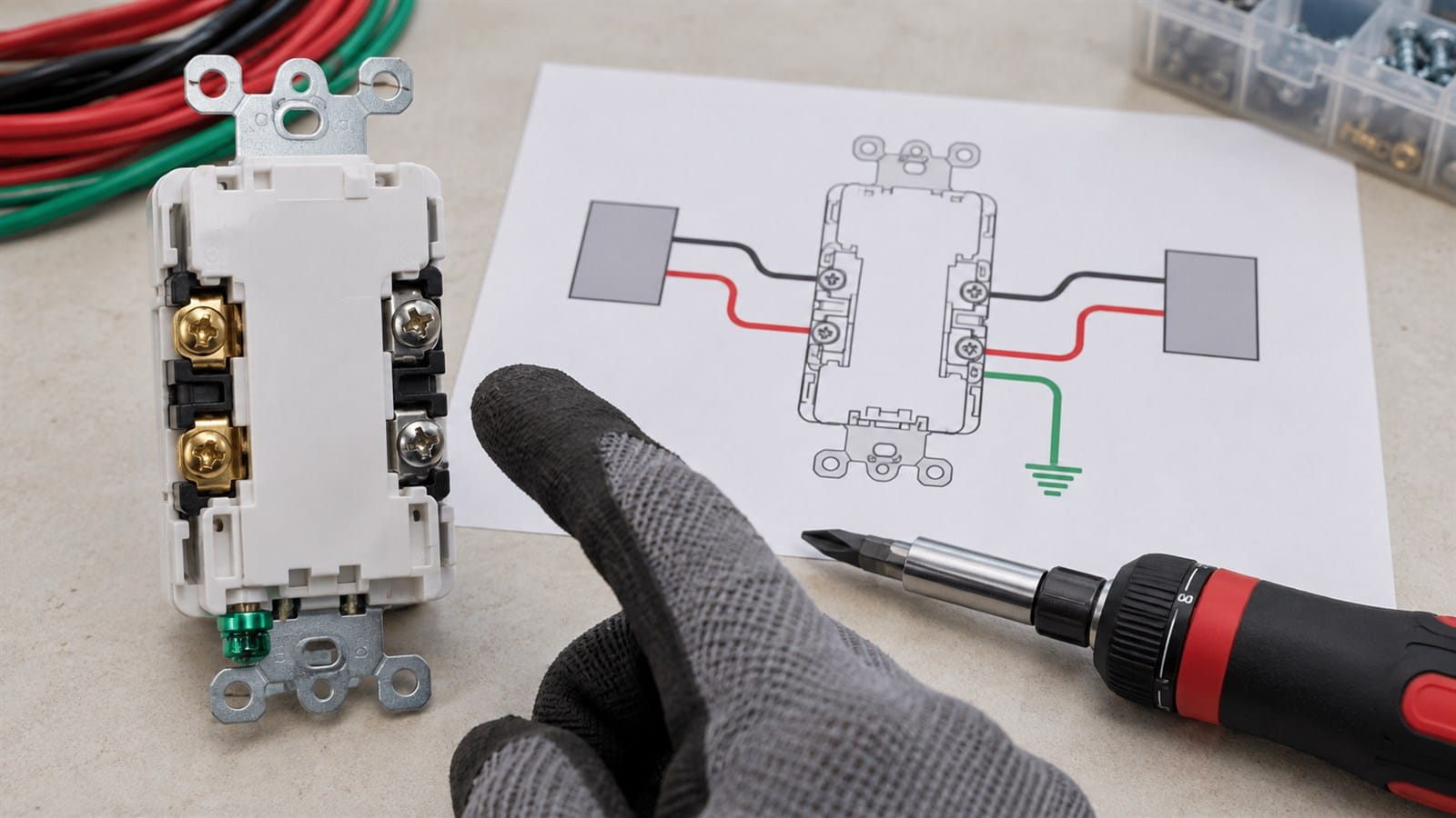 Close view of GFCI rear terminals being compared with a generic wiring diagram